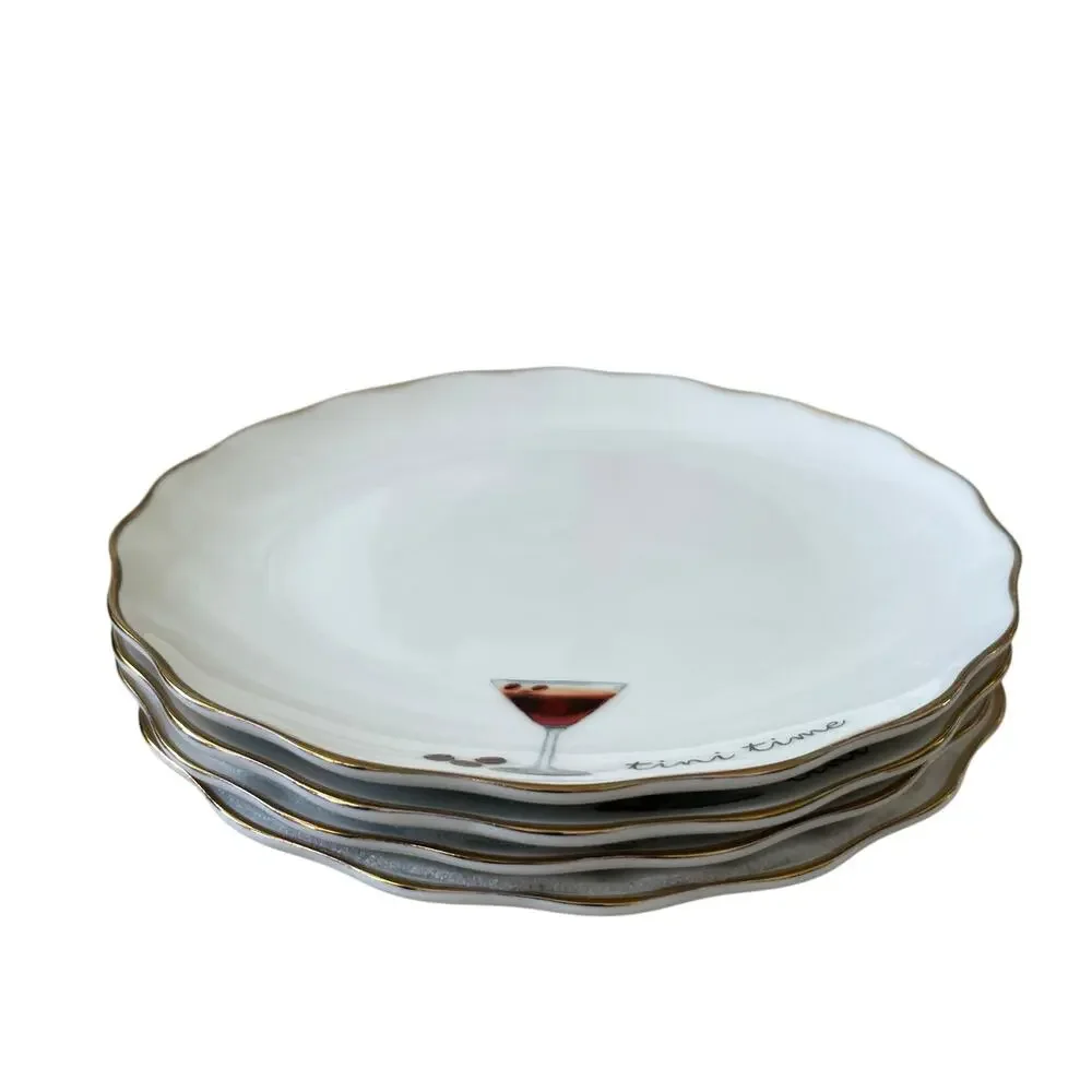 Godinger Martini Cocktail Appetizer Plates 6in Ceramic Set of 4 White NEW